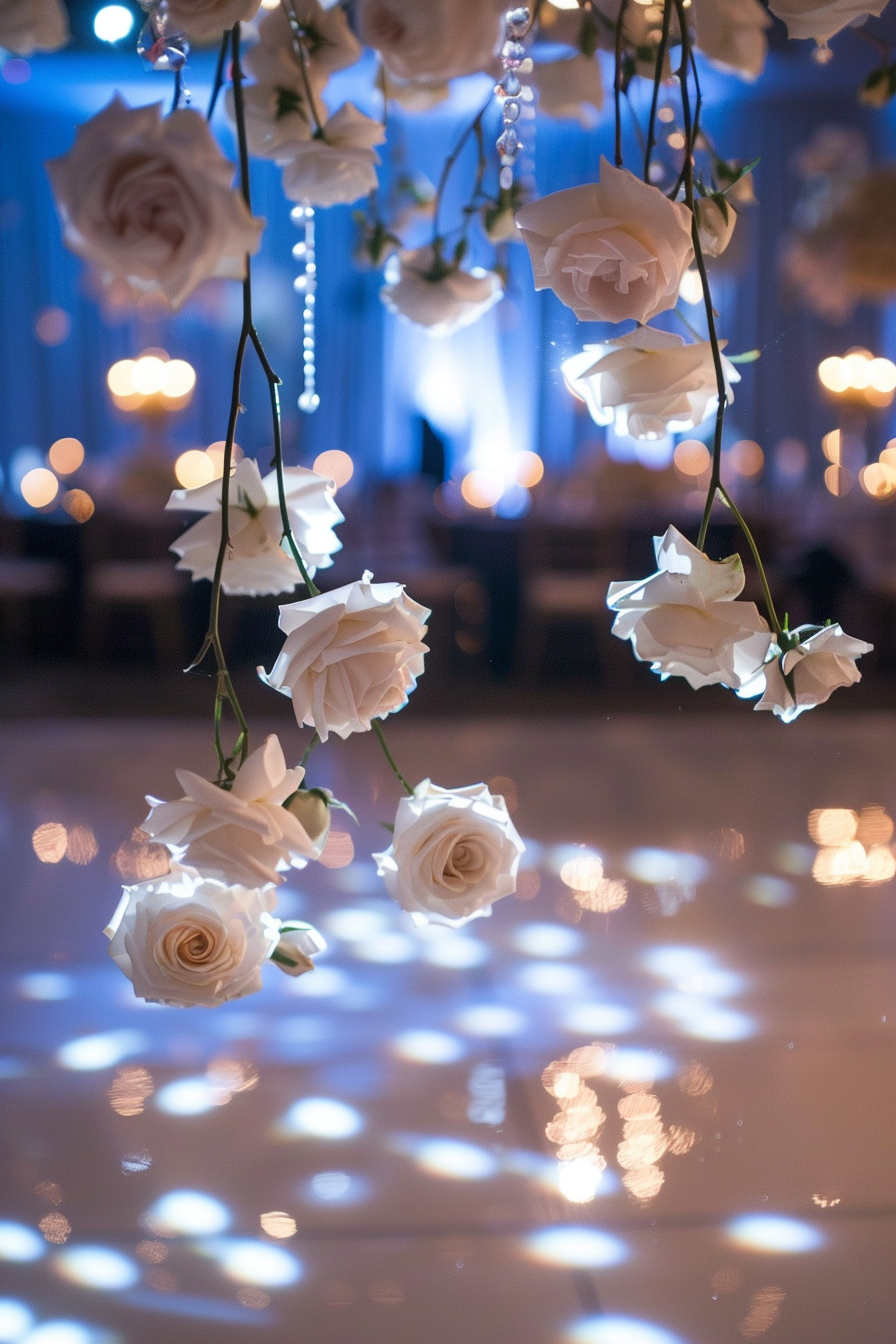 Captured moment. White roses suspended over a shimmering wedding dance floor.