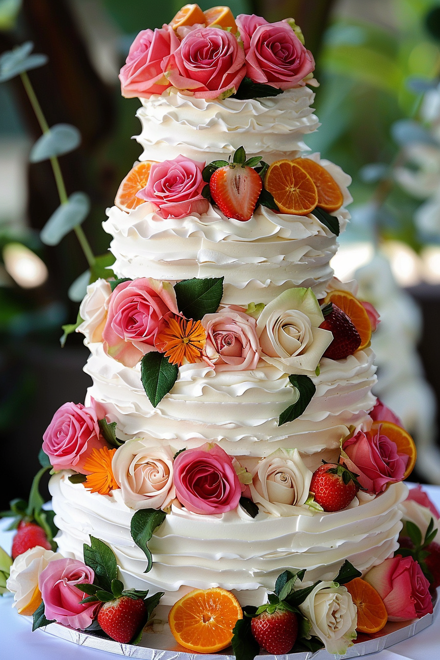 Wedding cake design. Fresh roses, vivid strawberries, orange citrus slices.