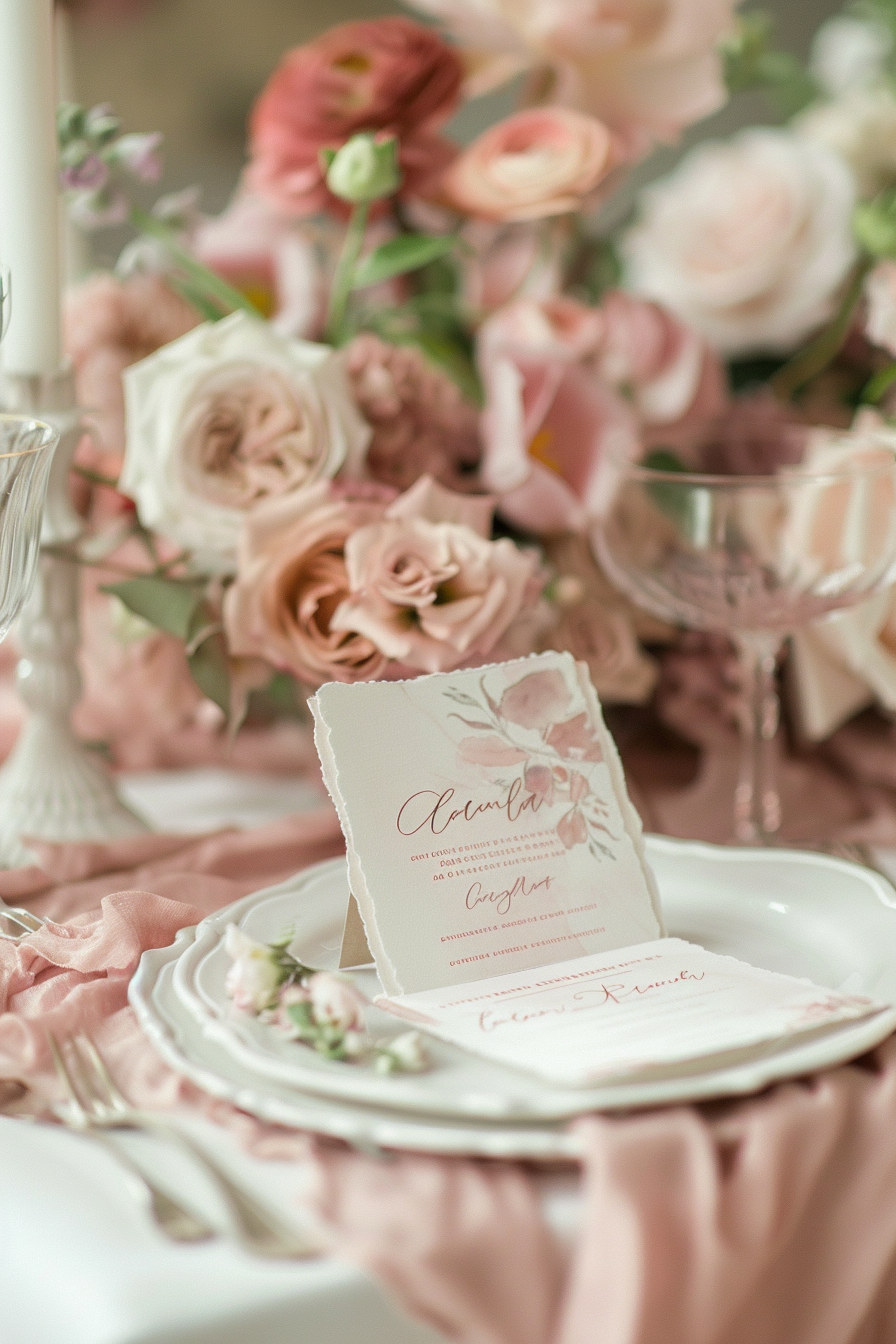 Wedding detail. Hand-lettered place card on champagne-pink aquarelle.