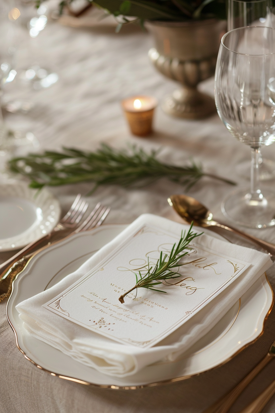 Wedding setting. Hand-lettered place card with gold ink on parchment paper.