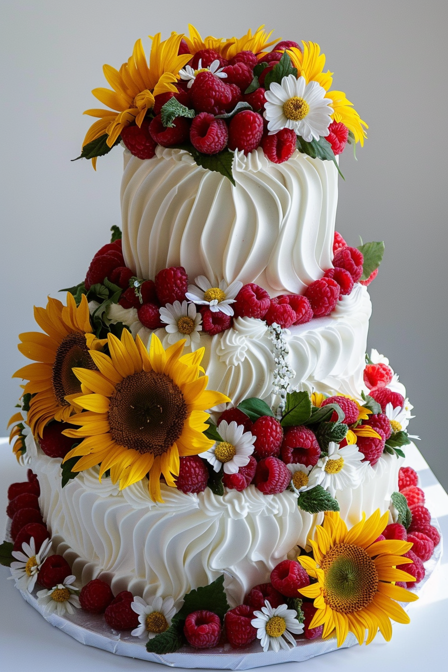 Wedding cake design. Fresh sunflowers and vibrant raspberries.