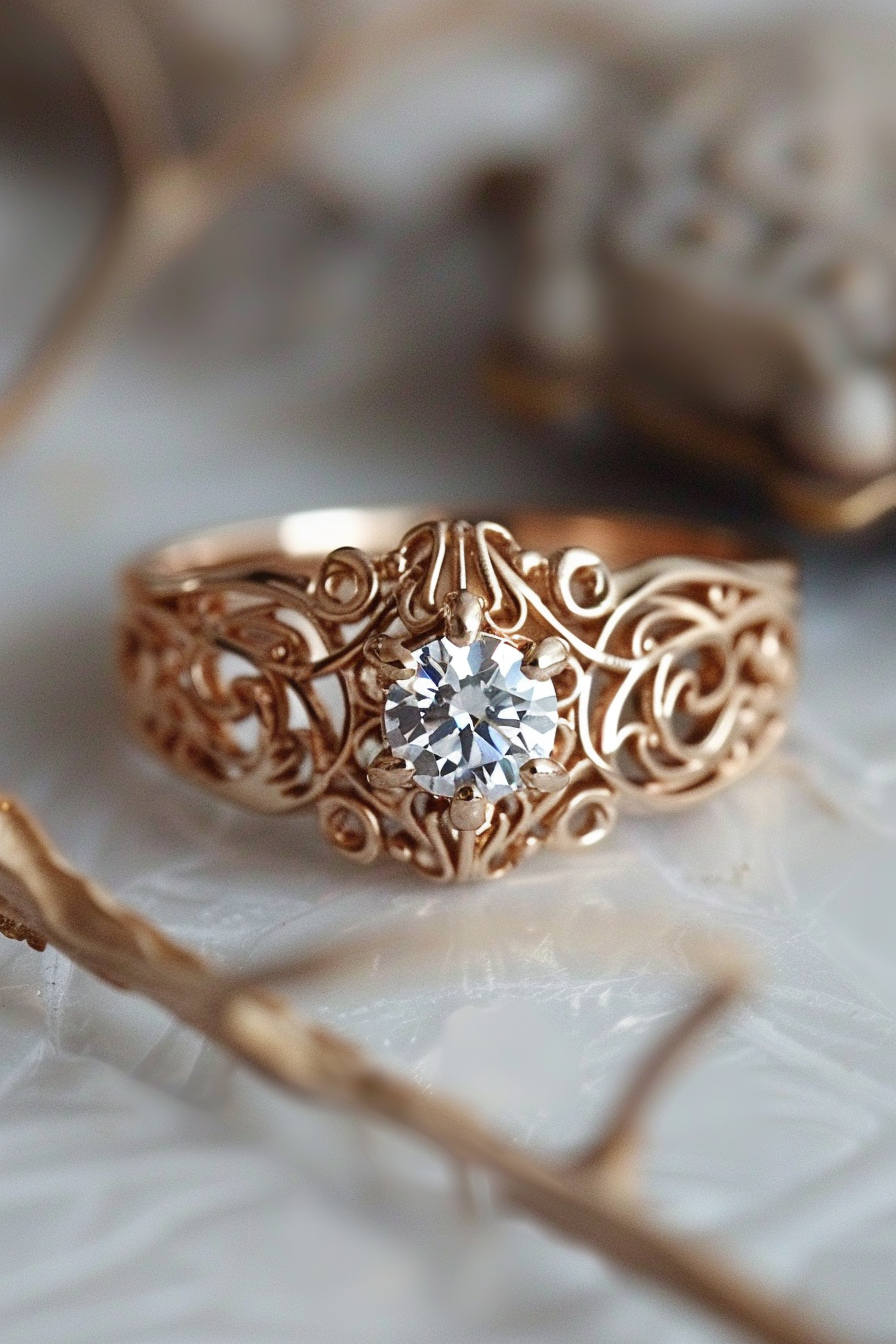 Retro wedding ring. Small diamond set in intricate rose-gold filigree.