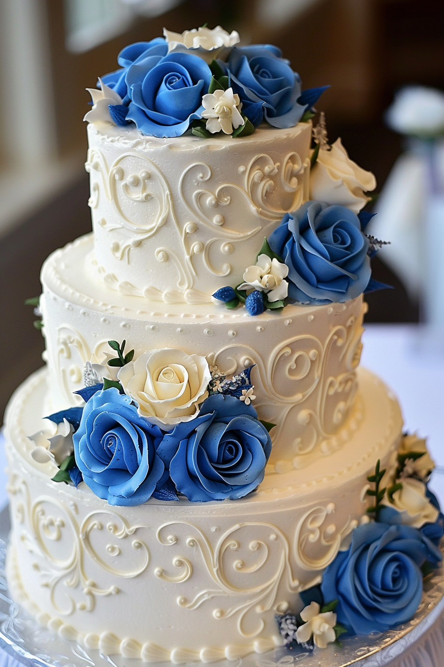 Wedding cake. Lambeth buttercream piping with blue roses.