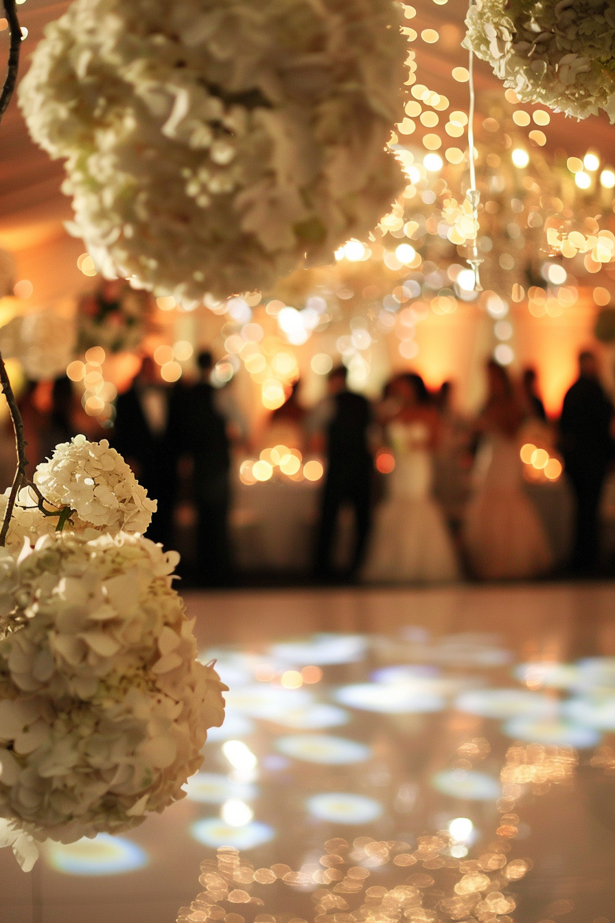 Captured moment. White hydrangeas dangling over glittering wedding dance floor.