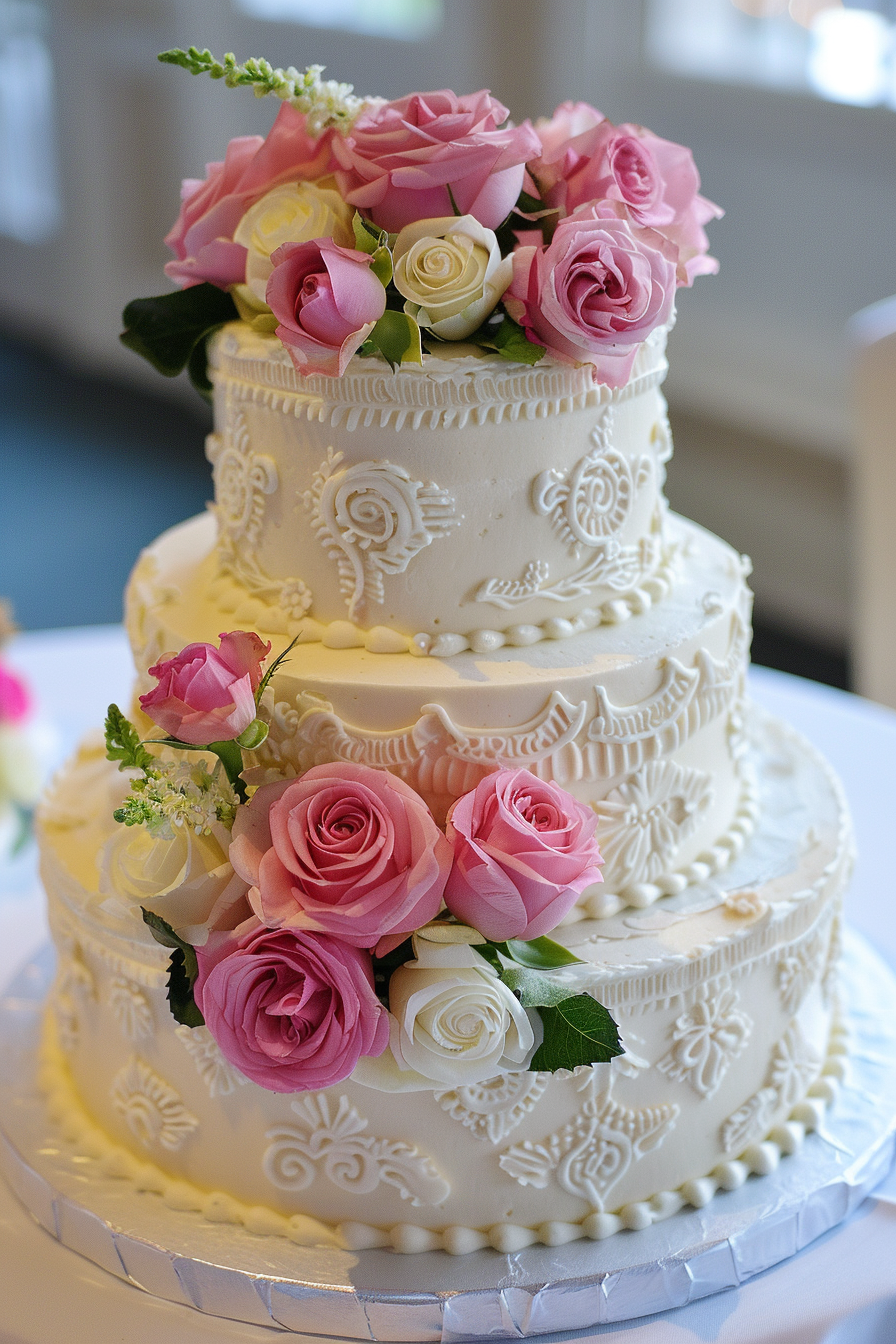 Wedding cake. Lambeth buttercream piping with pink roses.