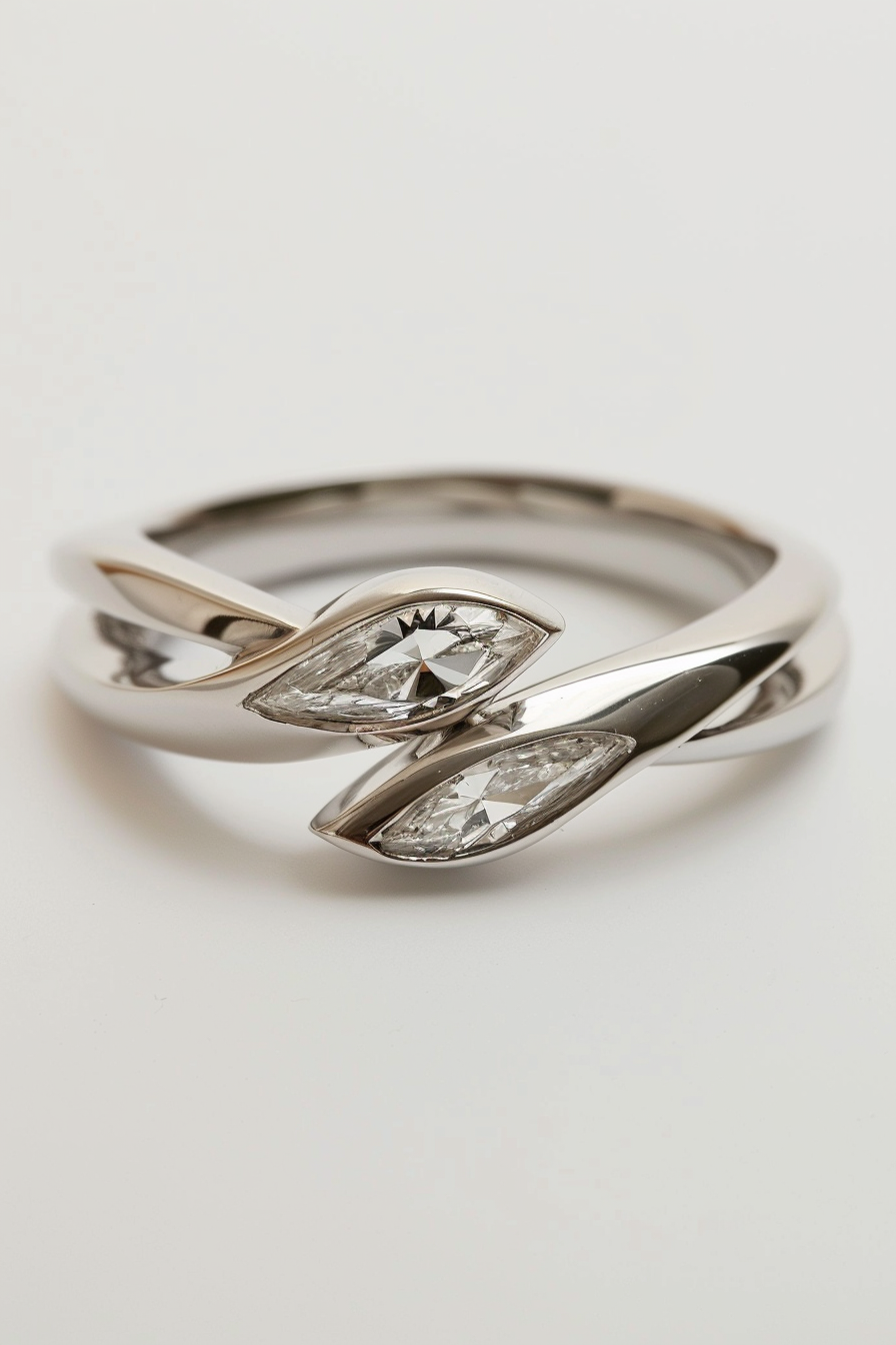 Retro wedding ring. Platinum band with marquise diamond accent.