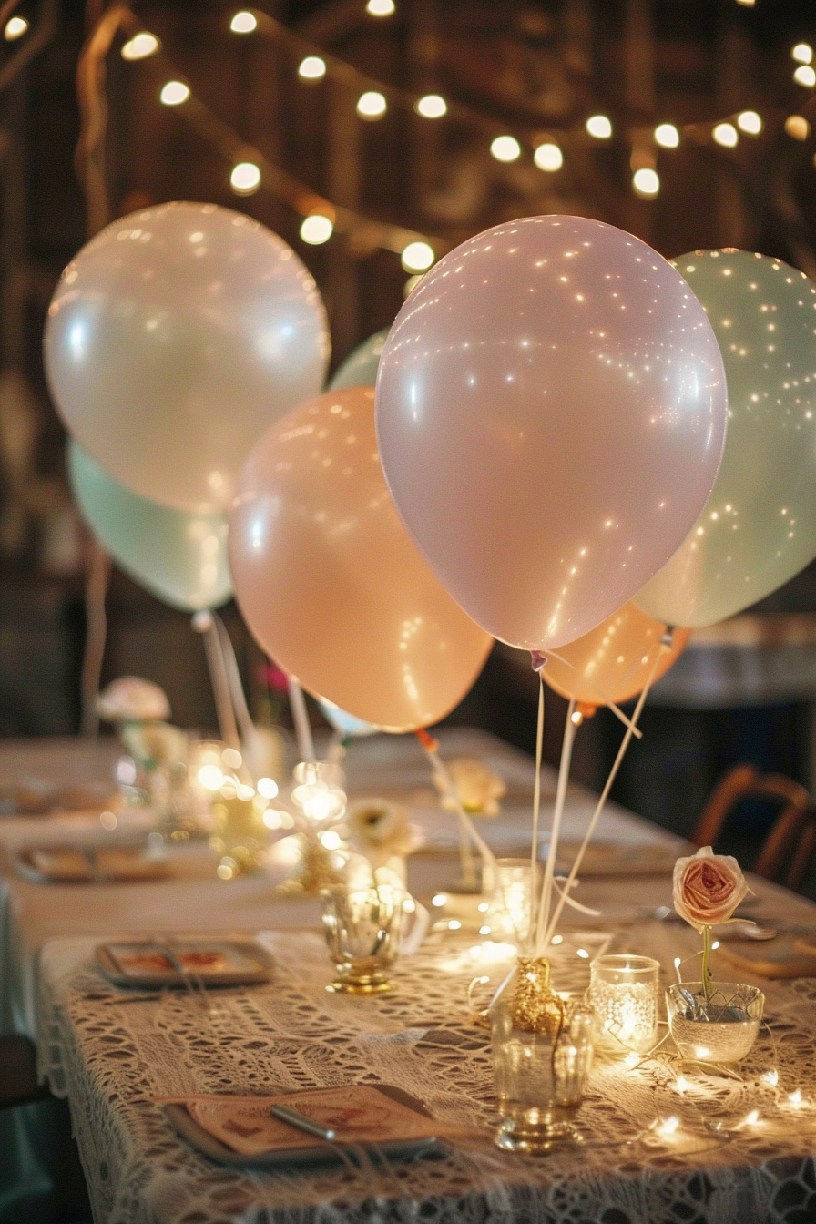 Retro wedding décor. Pastel color balloons with string lights and lace tablecloth.