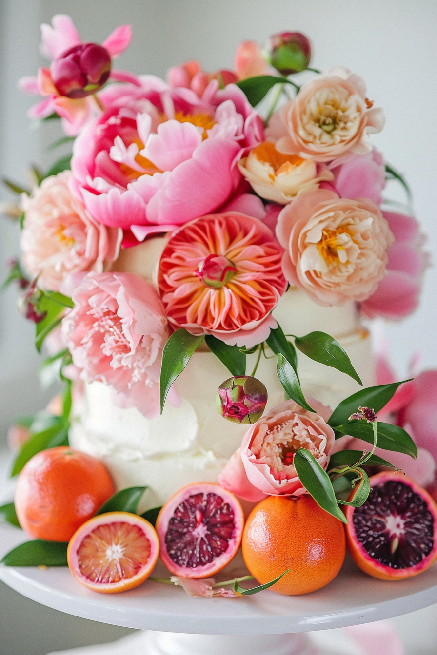 Wedding cake design. Pink peonies and sliced blood oranges on a fondant cake.