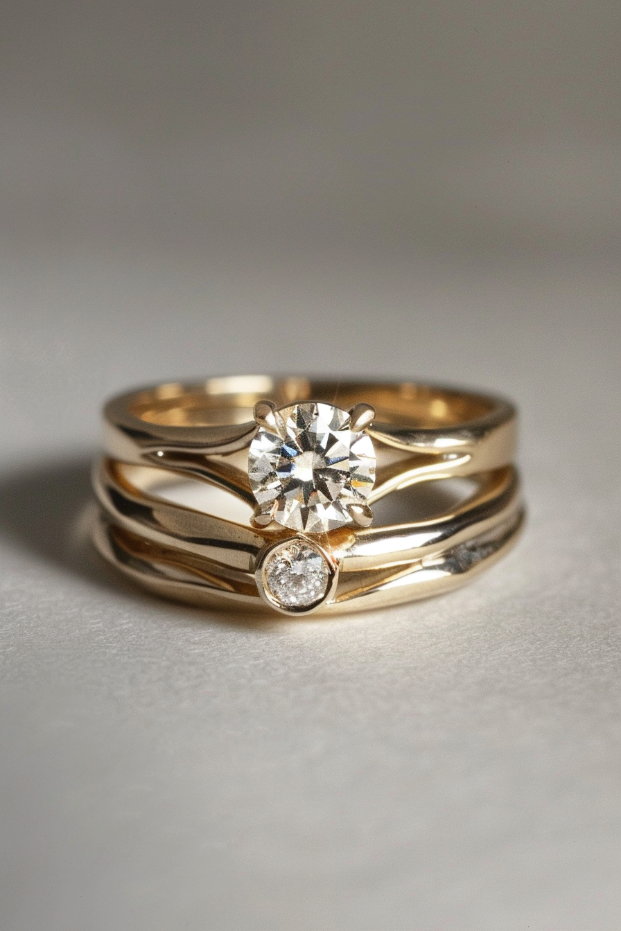 Retro Wedding Ring. Yellow gold band with round-cut diamond solitaire.