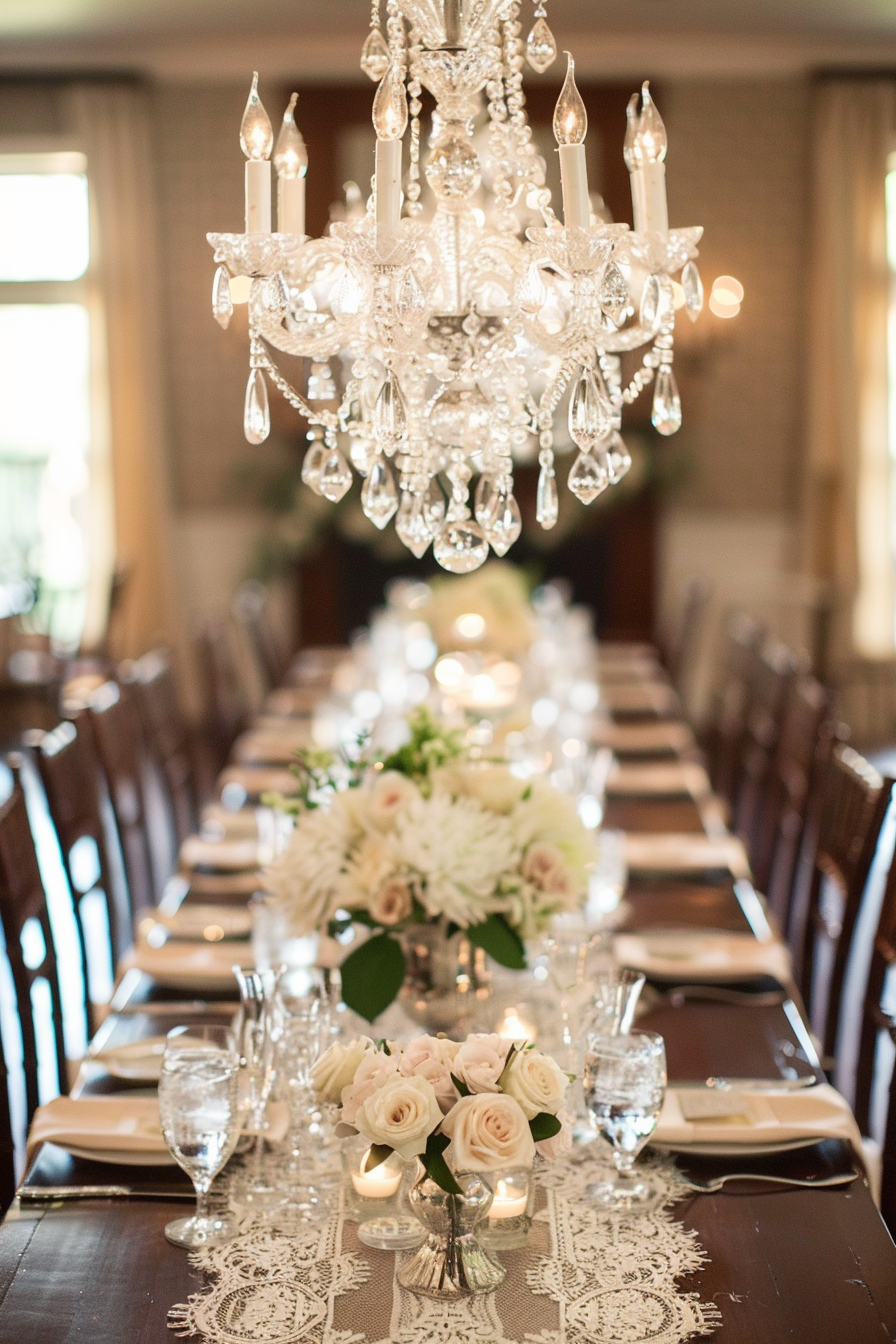 Wedding table decor. White lace runner on mahogany table with crystal chandelier centerpiece.