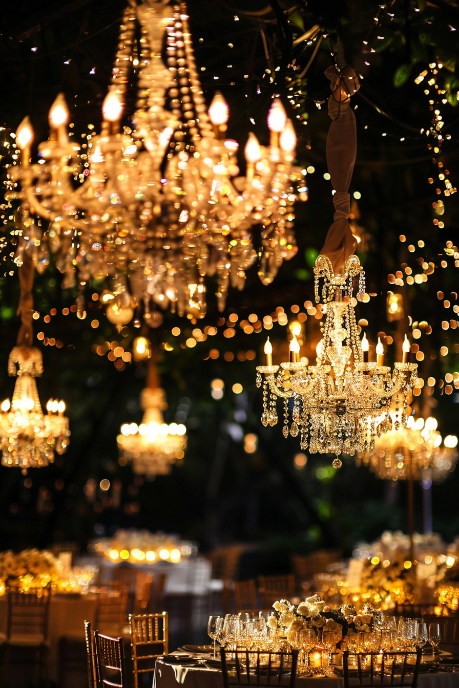 Fairytale glow. Crystal chandeliers with warm yellow lights at reception.