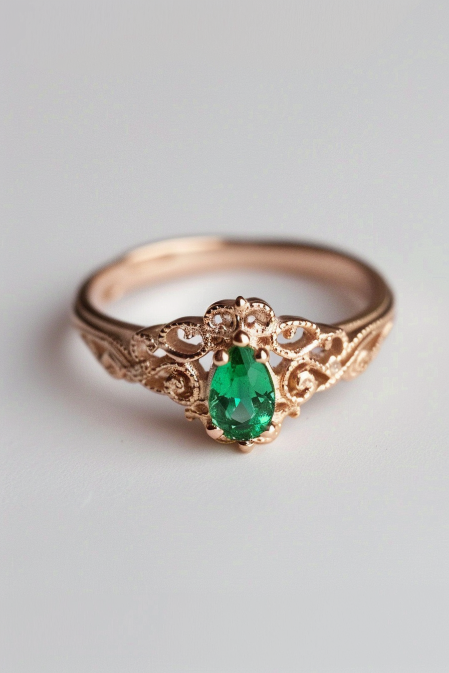 Retro wedding ring. Rose gold band with teardrop emerald.