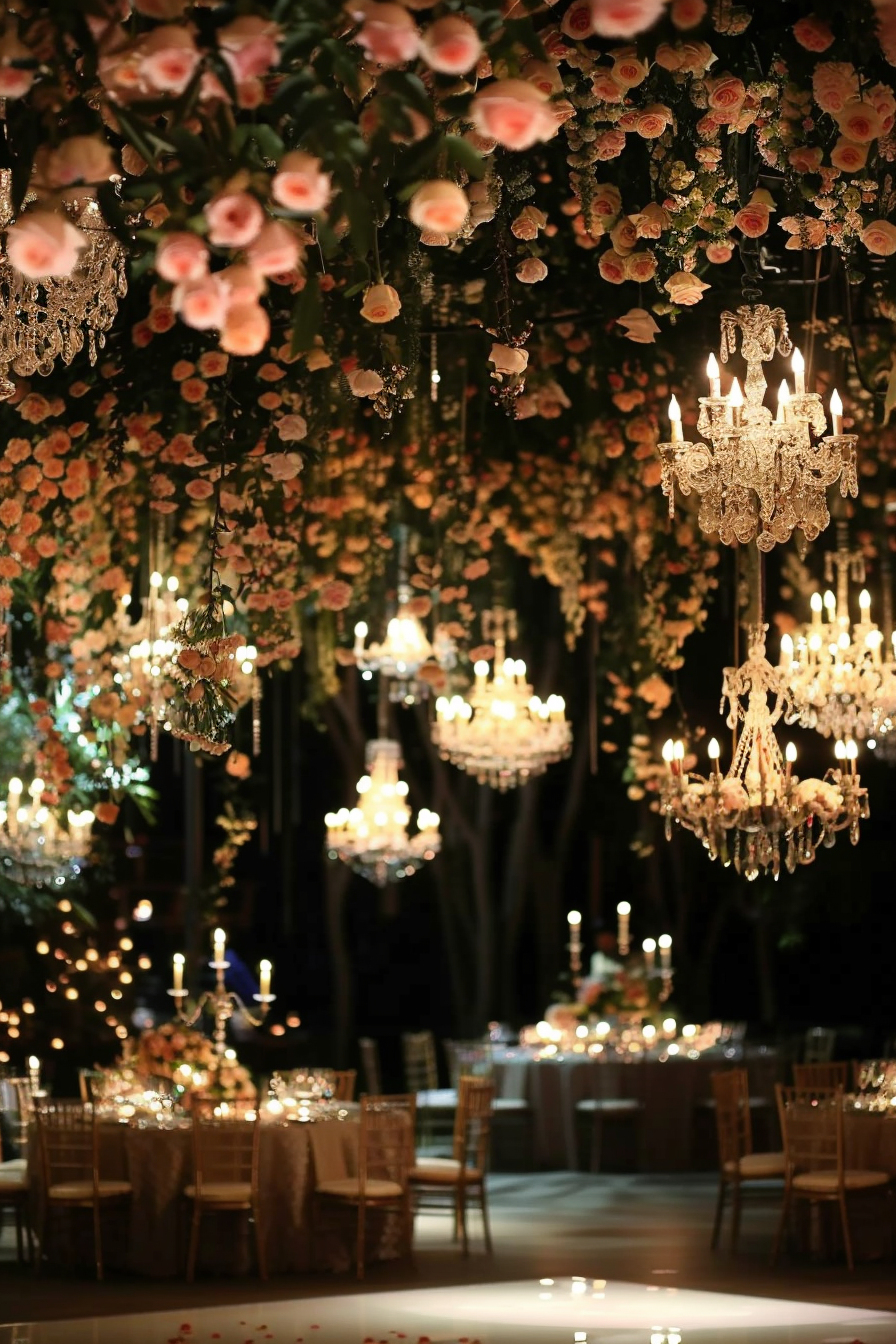 Wedding moment. Chandeliers encased in roses over dance floor.