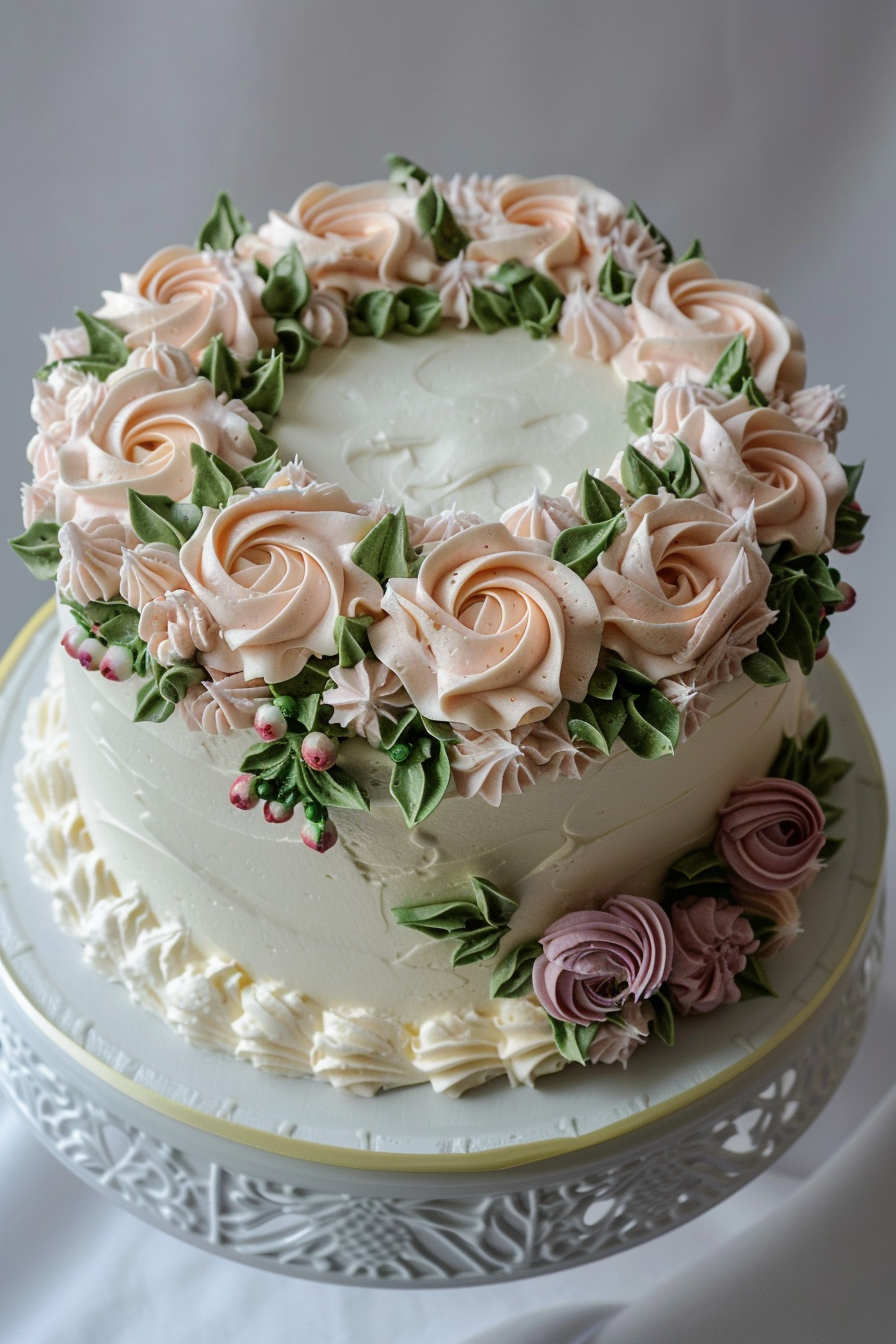 Wedding cake. Lambeth buttercream piping with a blush rose wreath pattern.