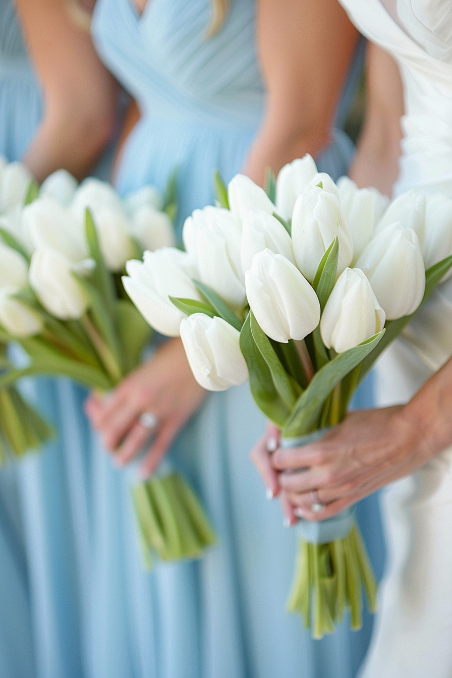 Coastal wedding design. Baby blue bridesmaid dresses with white tulip bouquets.