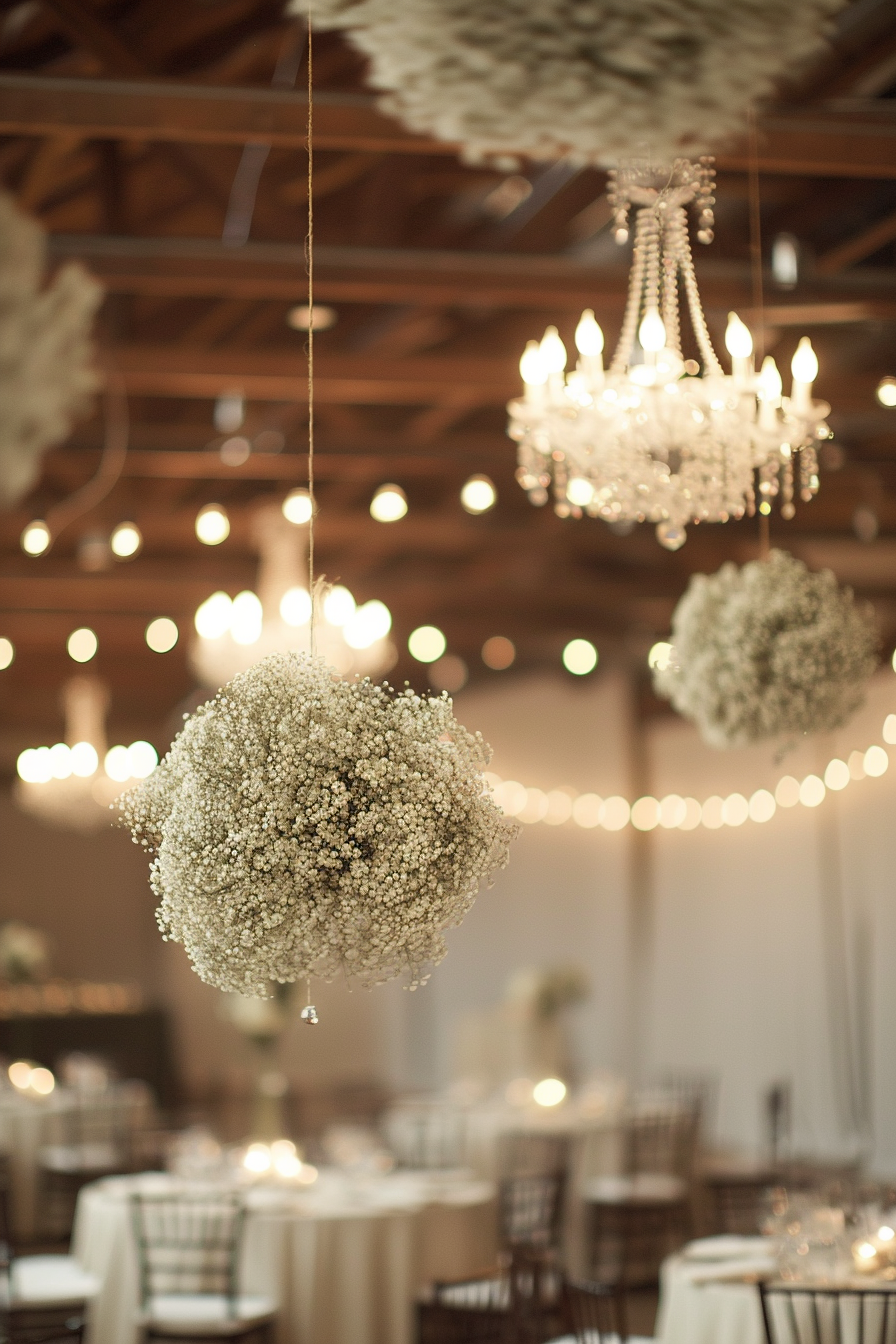 Retro wedding décor. Baby breath flowers hanging from chandeliers.