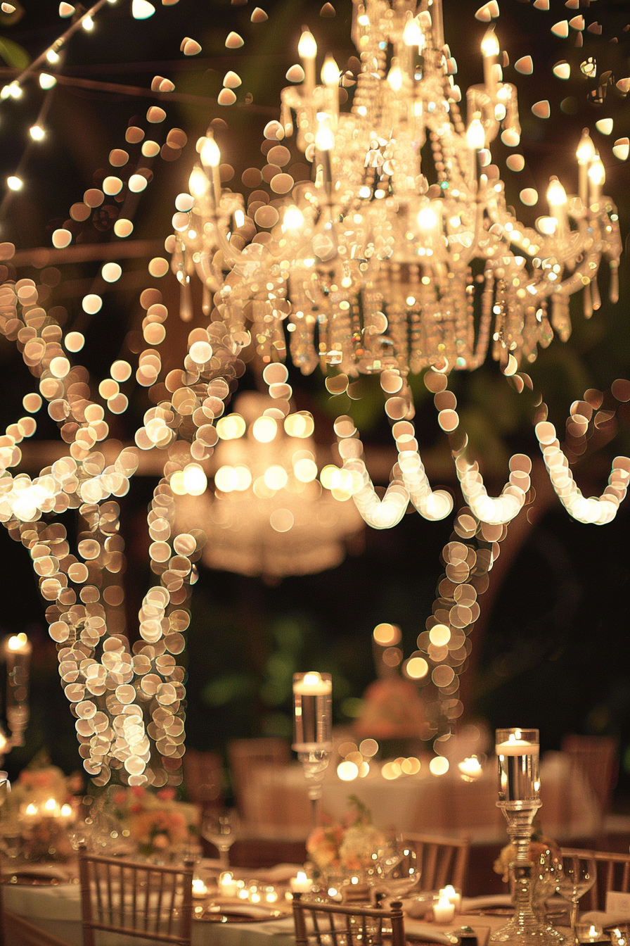 Fairytale reception. Crystal chandeliers adorned with twinkling fairy lights.