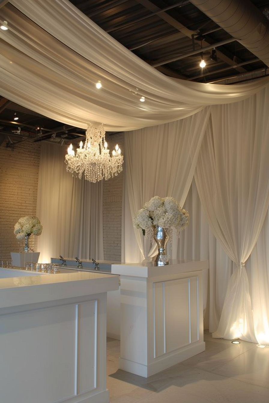 Reception area. White satin draped fabric on ceiling.