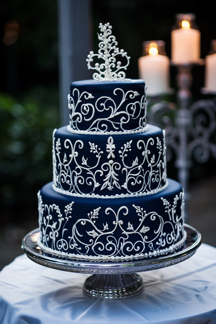 Wedding cake. Dark royal blue icing with white gothic scrollwork.