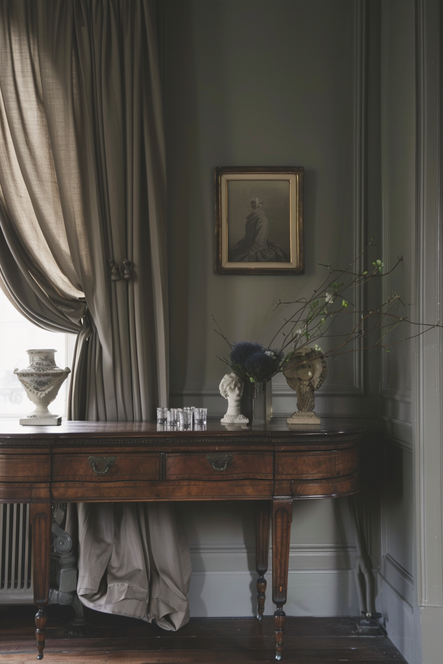 Reception area. Khaki silk fabrics draped over an antique wooden bureau.