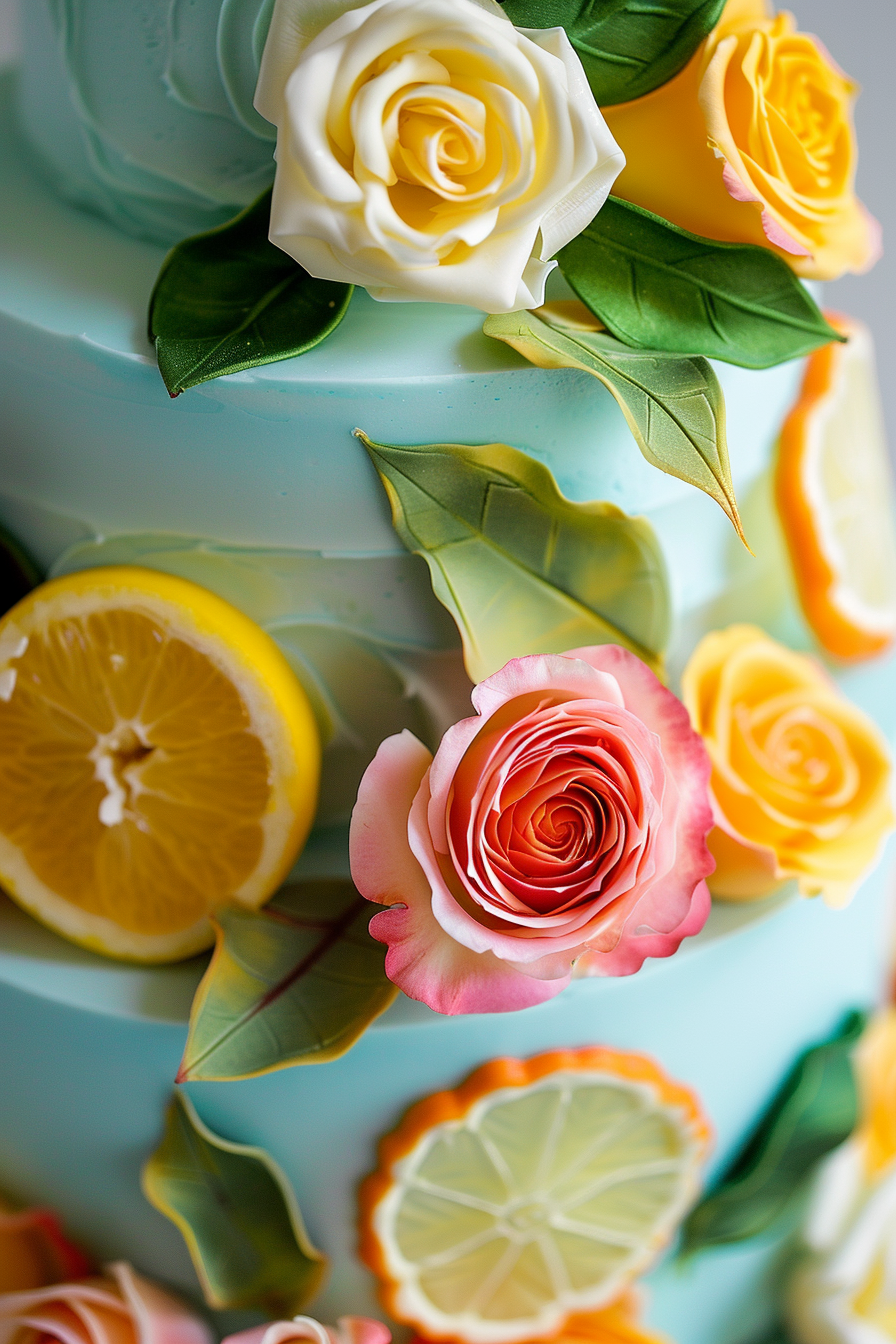 Wedding cake design. Fresh roses and tangy lemon slices on a turquoise fondant.