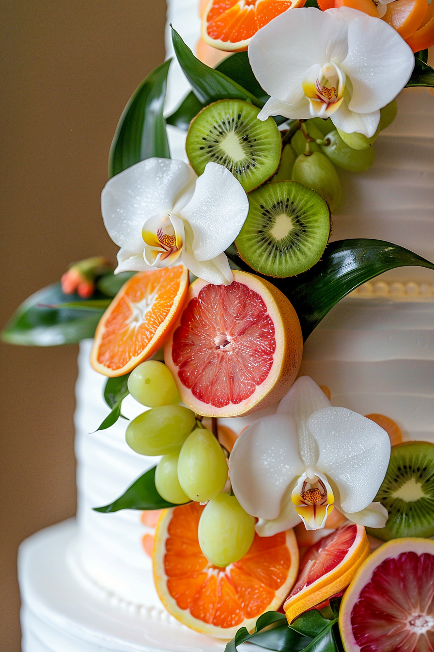 Wedding cake design. Fresh orchids with sliced kiwi and tangerine accents.