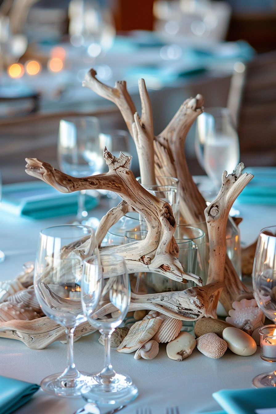 Coastal Wedding Design. Driftwood and glass centerpiece.