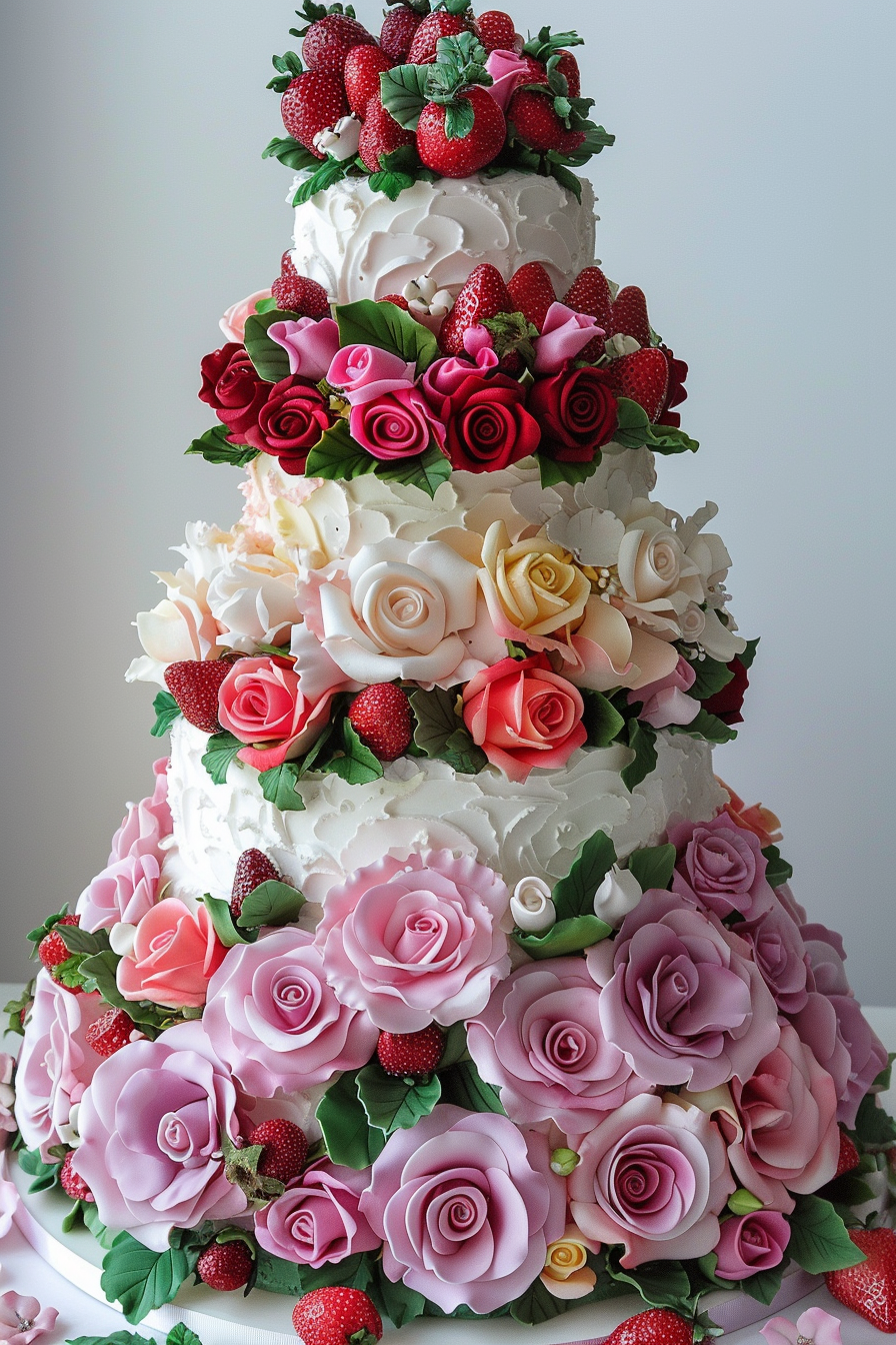 Wedding cake. Roses and strawberries with multicolored tiers.