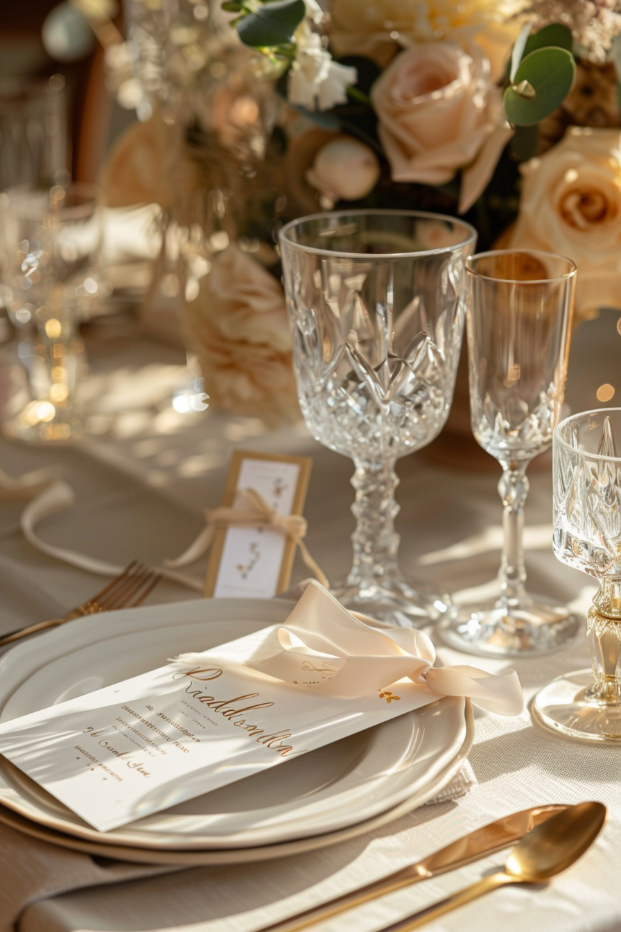 Wedding setting. Ivory place card with gold hand-lettering tied to crystal wine glass.