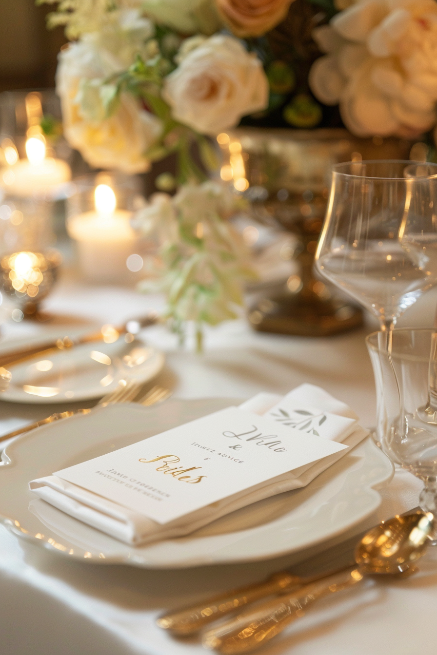 Wedding detail. Ivory paper place card with gold hand-lettered calligraphy.