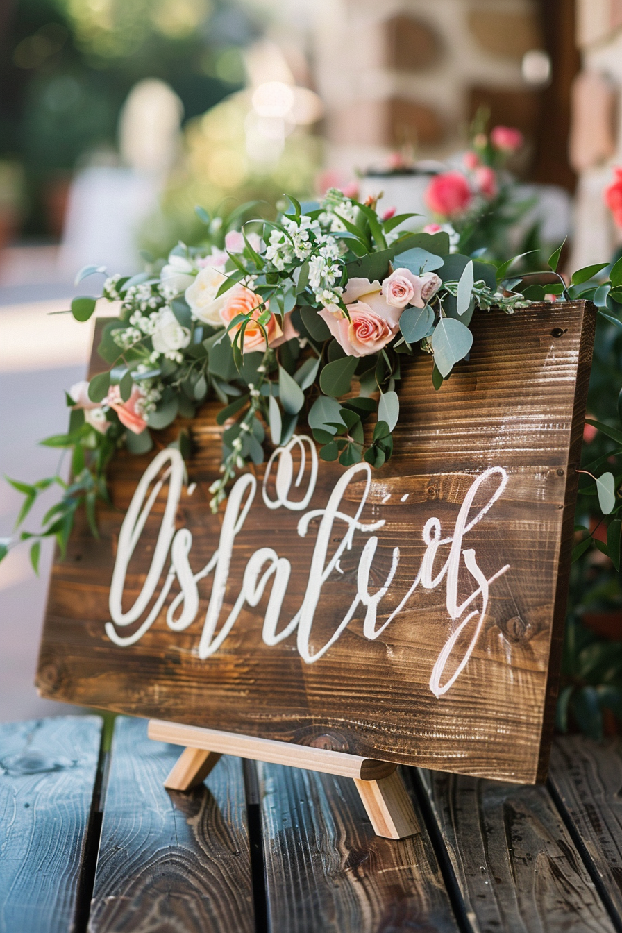 Rustic wedding sign. Weathered wood engraved with white calligraphy.