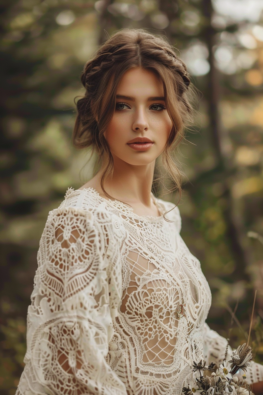 Bohemian wedding dress. Ivory crochet lace with bell sleeves.