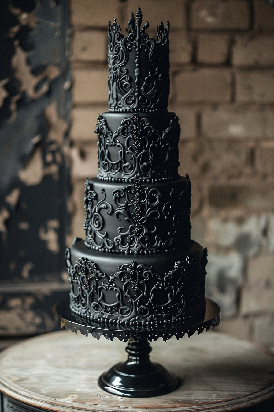 Wedding cake. Black icing with metallic Gothic filigree.