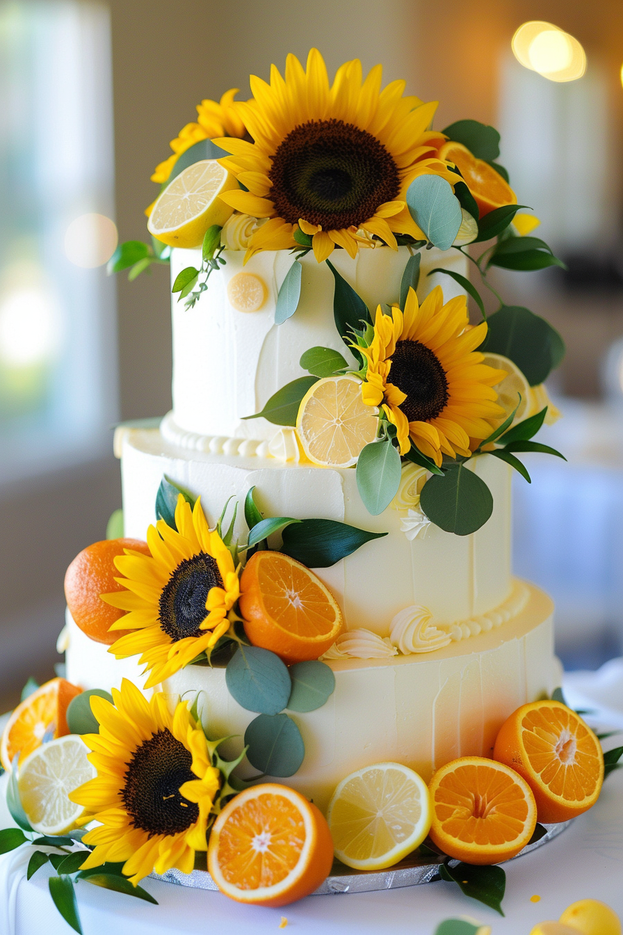 Wedding cake design. Fresh sunflowers and bright lemon slices.