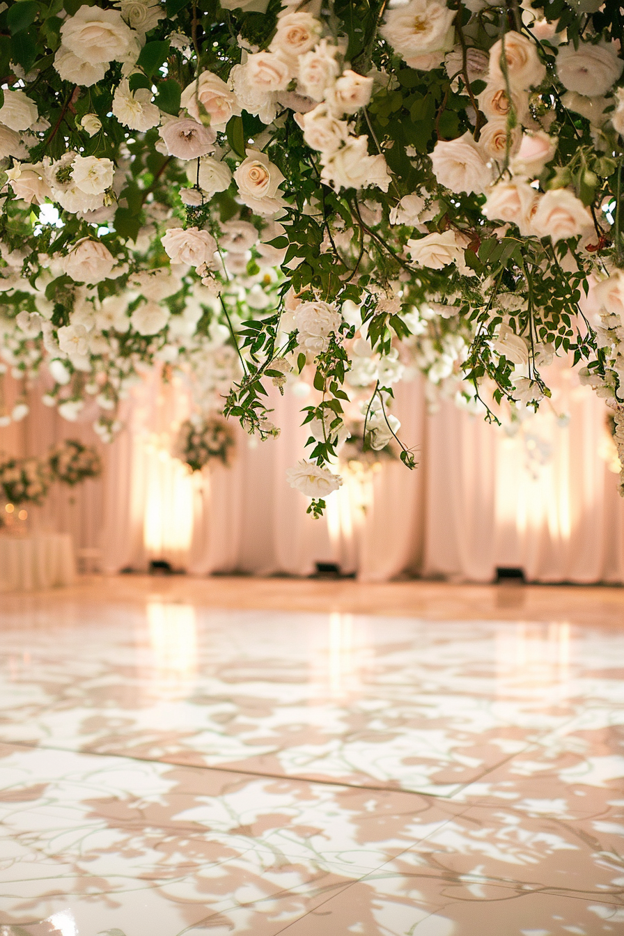 Captured moment. White roses canopy over vintage marble wedding dance floor.