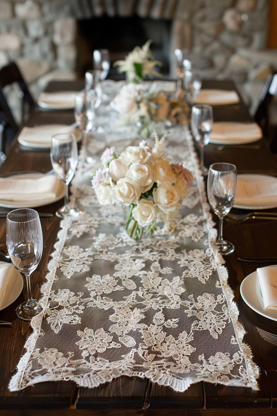 Wedding dining table decor. Cream lace runner over polished mahogany table.