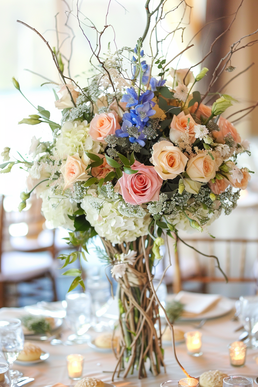 Retro Wedding Décor. Pastel Floral Centerpieces with Twisted Willow.