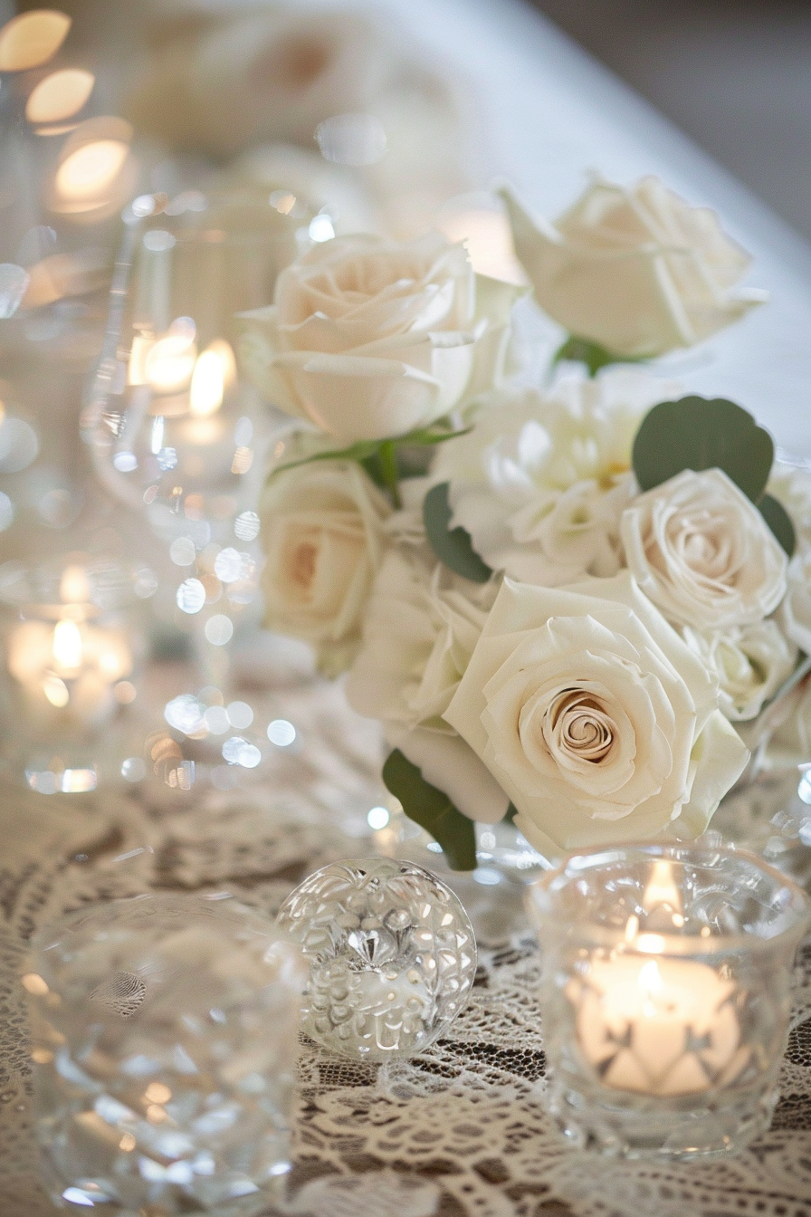 Wedding decor. Ivory lace table runner adorned with crystal candle holders and white roses.