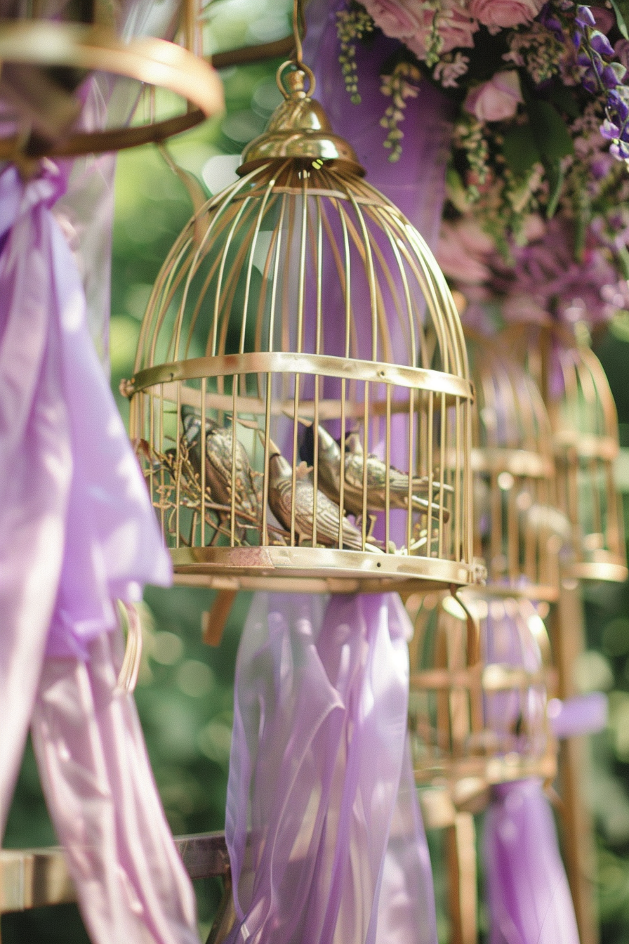 Retro wedding decor. Vintage gold birdcages wrapped with lilac satin ribbons.