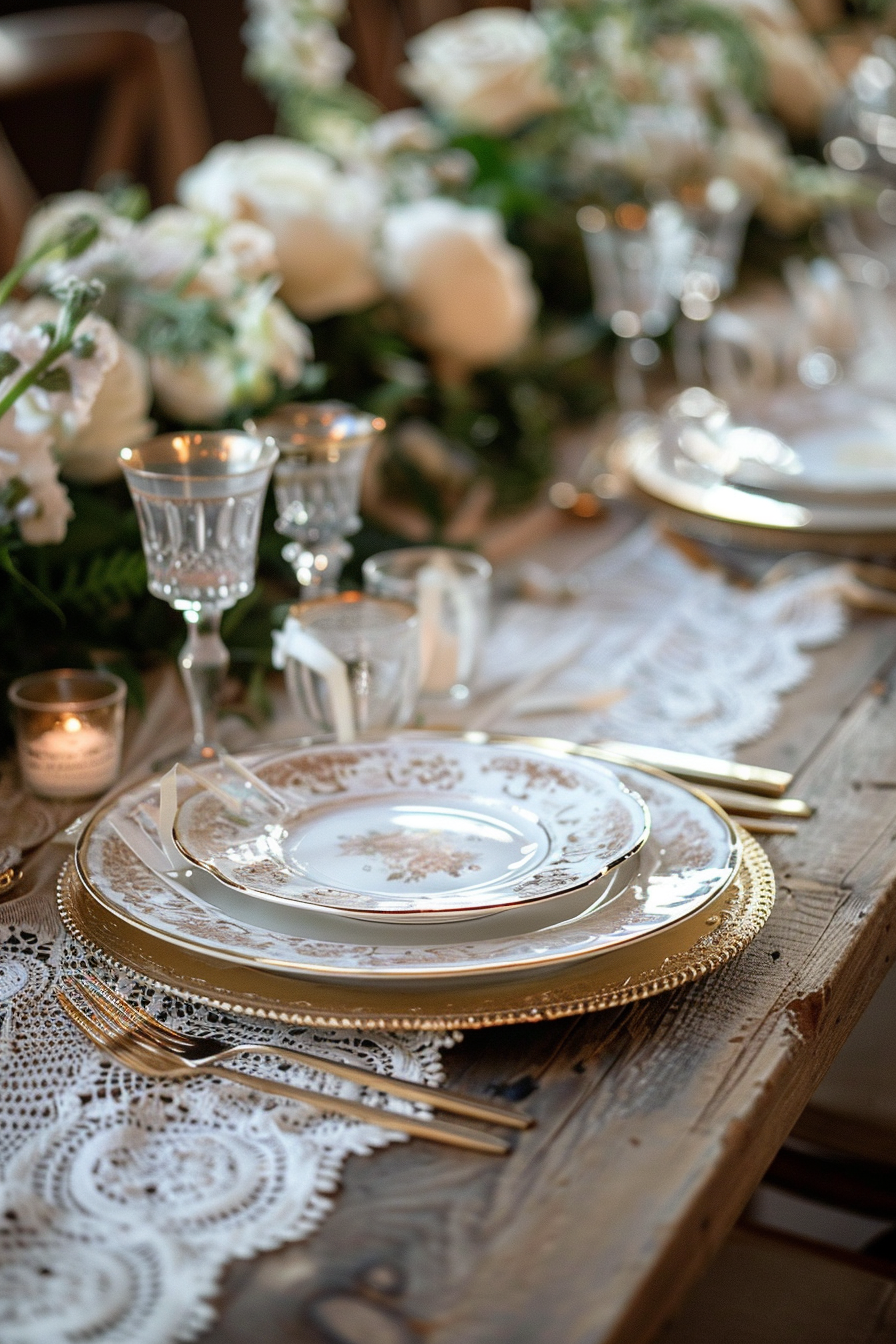 Sophisticated decor. Lace table runner with gold-edged porcelain dishes on wedding dining table.