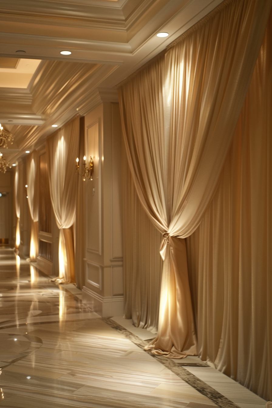 Reception area elegance. Soft gold fabric hung over low, warm lighting.