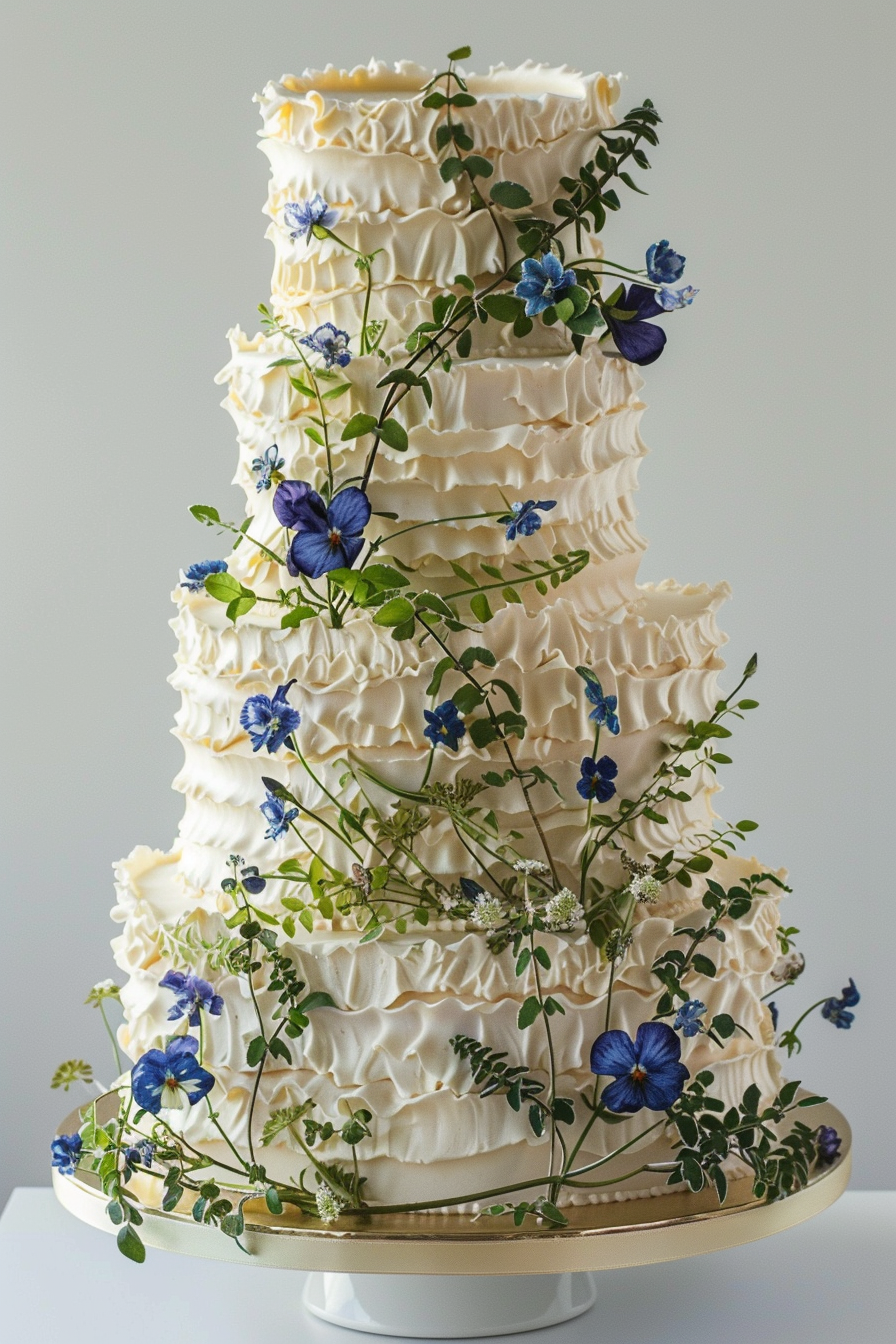 Wedding cake. Lambeth buttercream piping with blueppetalia flowers.