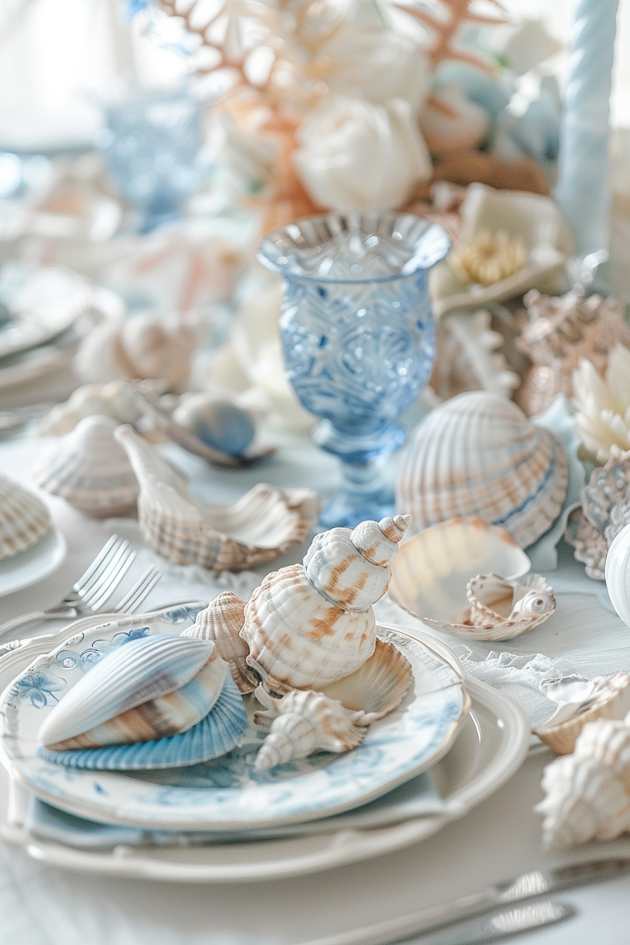 Coastal wedding design. Pale blue seashell centerpieces on white tablecloth.