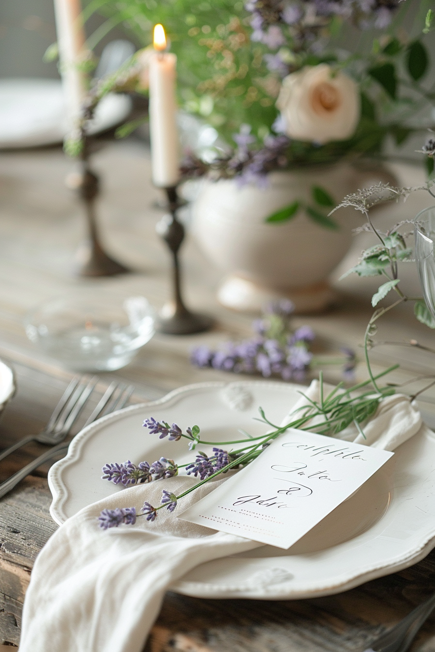 Wedding detail. Hand-lettered lavender place card on cream ceramic plate.