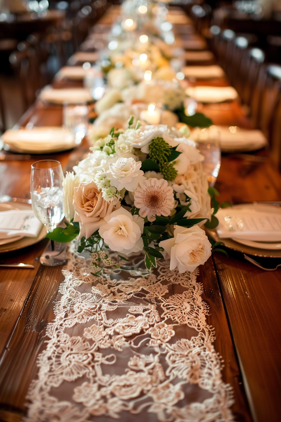 Sophisticated decor. Ivory lace table runner on mahogany wedding dining table.