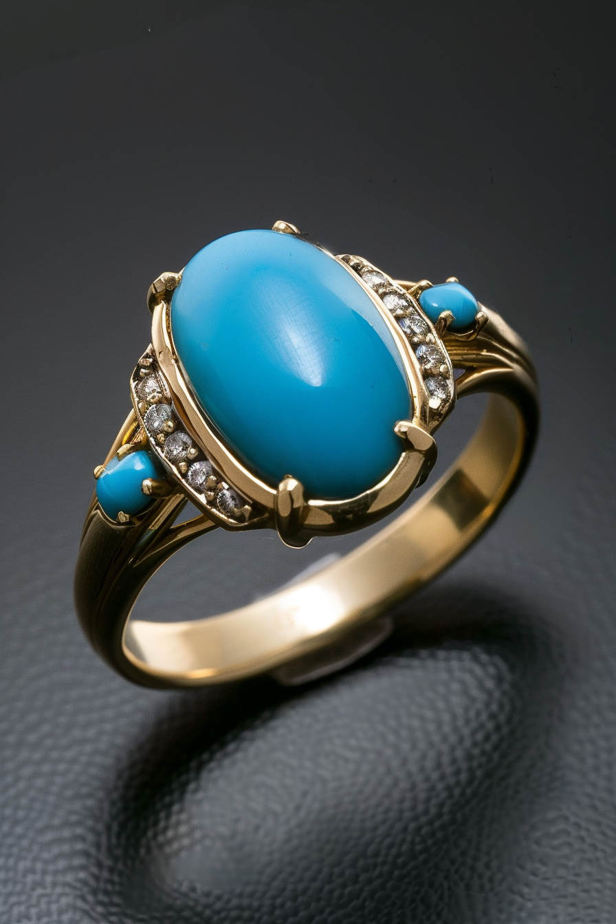 Retro wedding ring. Gold band with oval turquoise and diamond accents.