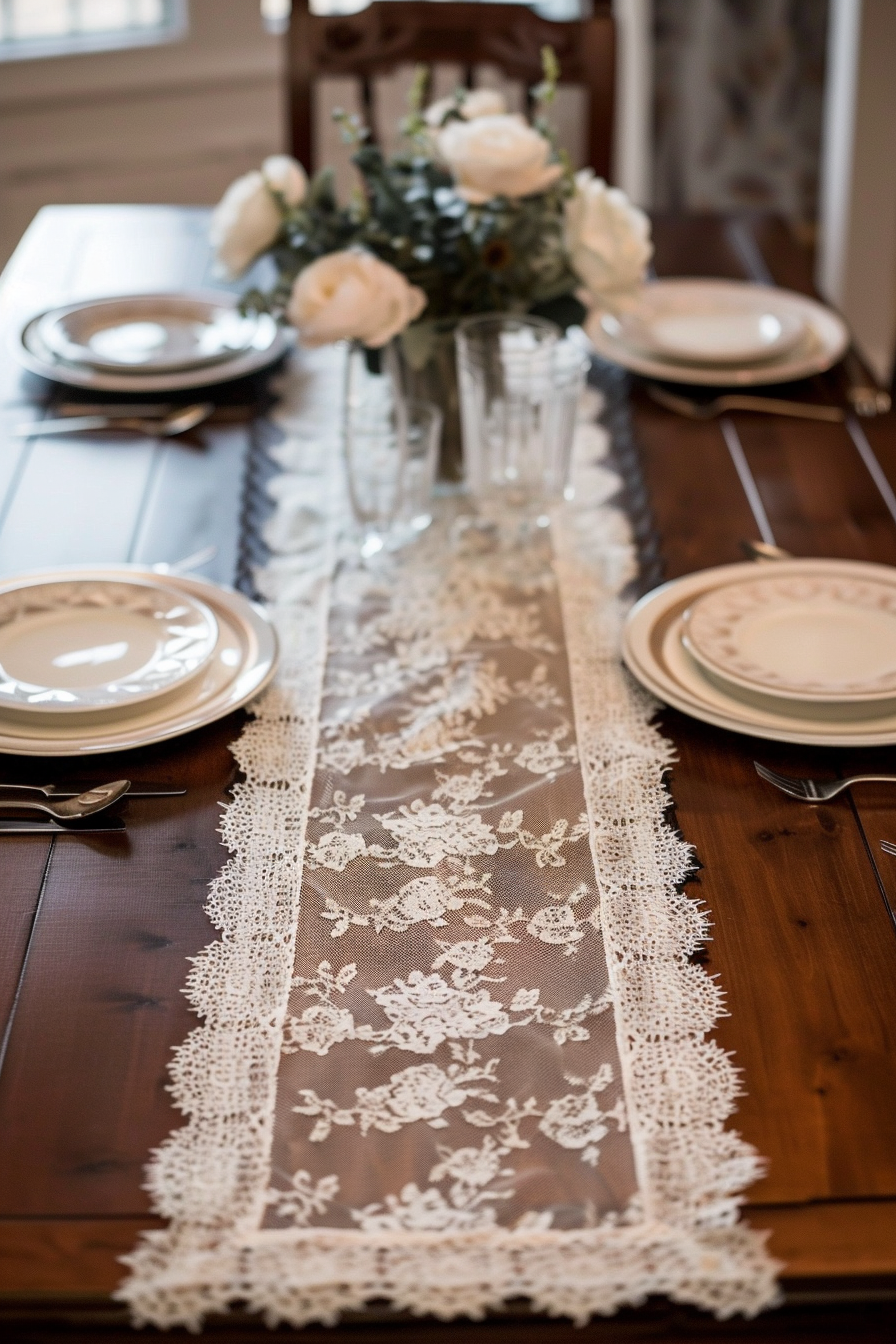 Wedding decor. Creamy lace table runner on polished mahogany dining table.