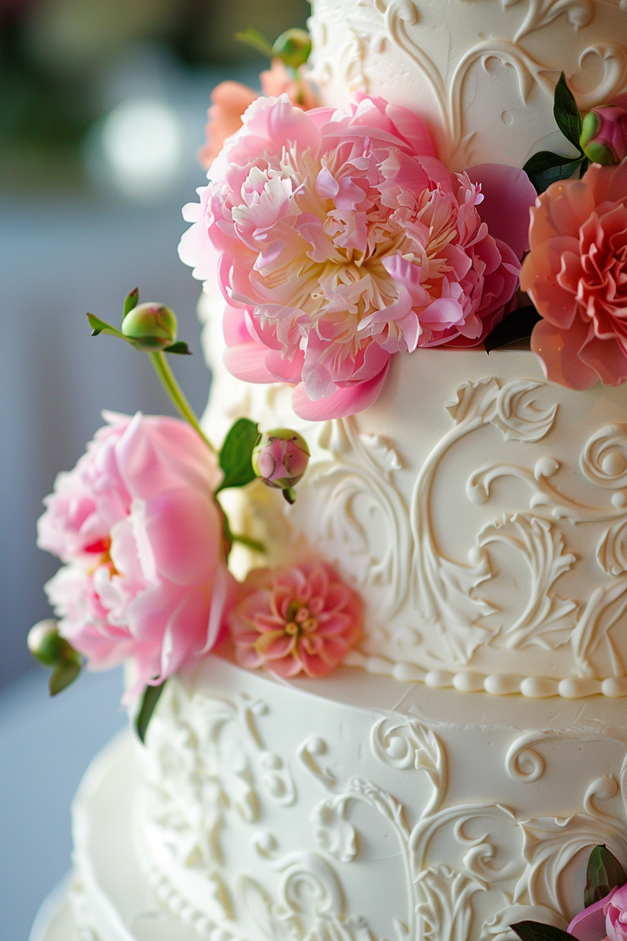 Timeless beauty on a wedding cake. White fondant covered with Lambeth buttercream piping and pink peonies.