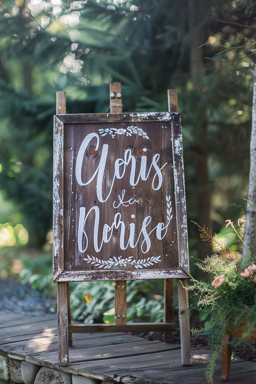 Rustic wedding sign. Handwritten white calligraphy on distressed wooden board.