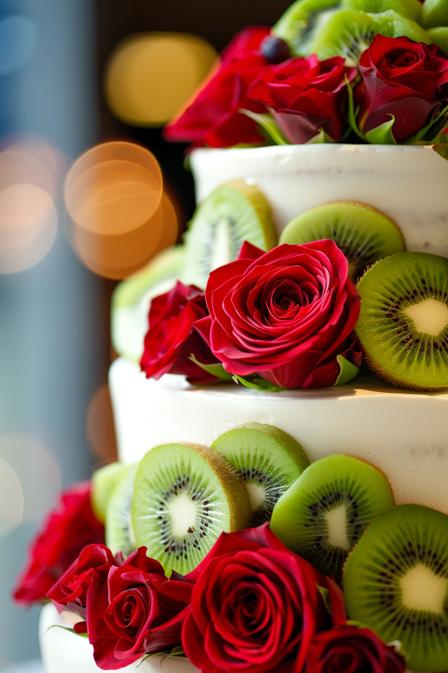 Wedding cake design. Fresh red roses and sliced kiwi accents.